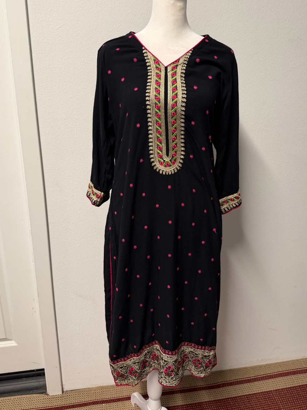 Black Pakistani Embroidered Kameez Pink Gold Floral Kurta Traditional Desi Top